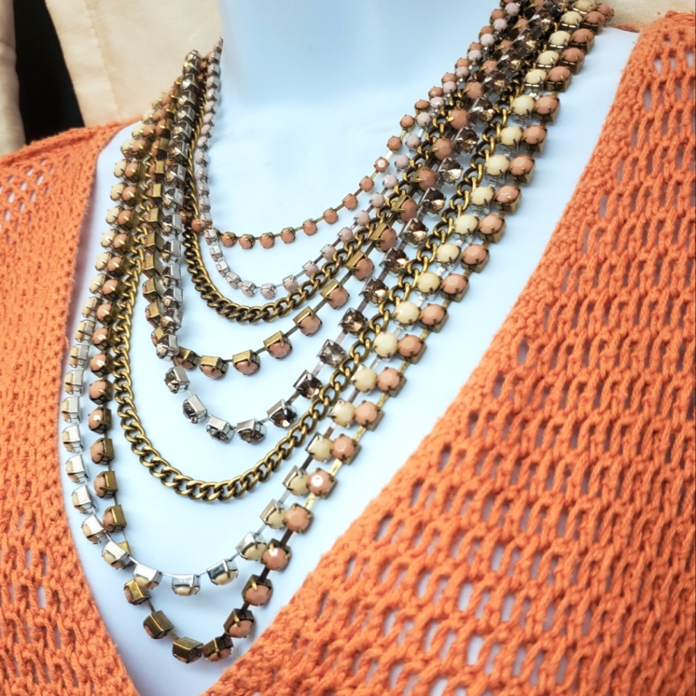 Chico's Black Label Cube Gold & Rhinestone Multi -Strand Necklace